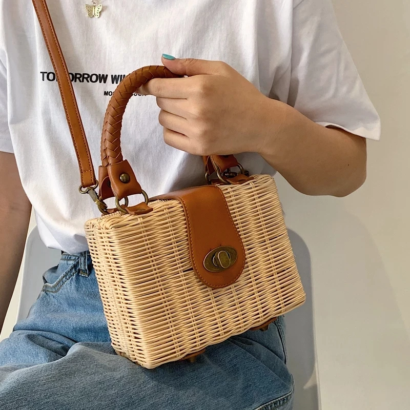 Mini Straw Crossbody Shoulder Bags for Women 2021 Summer Luxury Handbags and Purses Beach Travel Weave Square Totes Fashion
