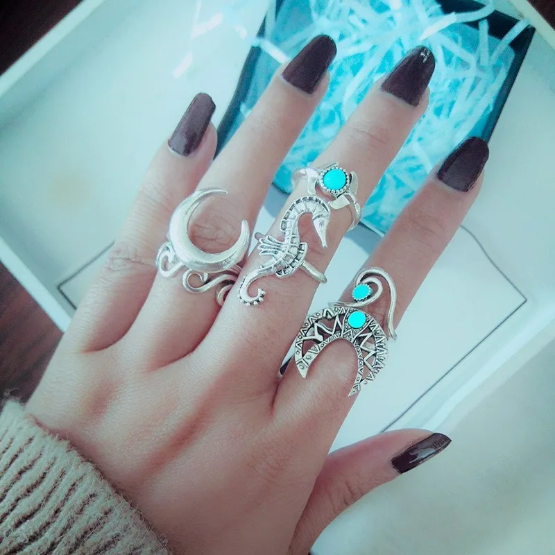 

GinaDeer New Joint Rings For Women Exaggerated Hippocampus Moon 6-piece Ring Anillos De Acero Inoxidable Para Mujer