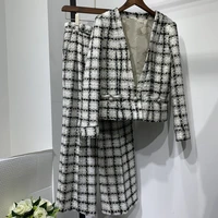 high quality womens elegant v neck wool plaid tweed coat 2019 winter fashion ol jackets coat b292