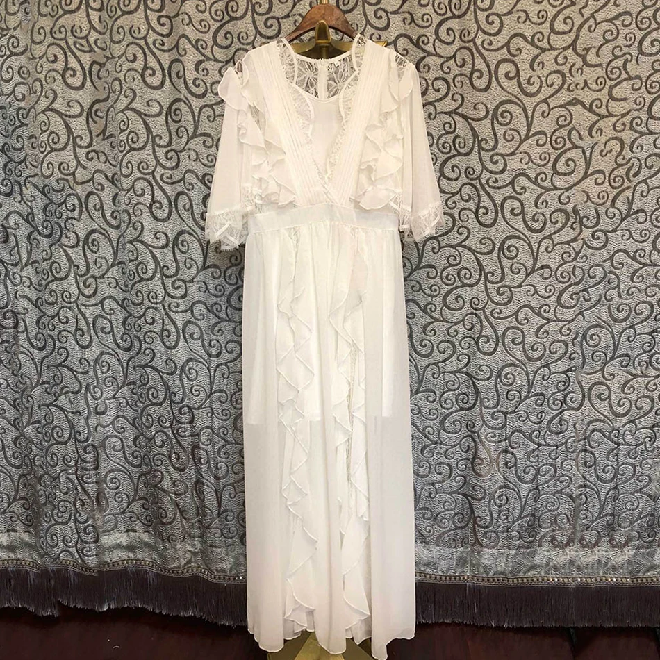 

Summer 2021 New Women'S Yellow Short-Sleeved V-Neck Draped Ruffled Patchwork Lace Midi Dress Bodycon Club Party Long Dress
