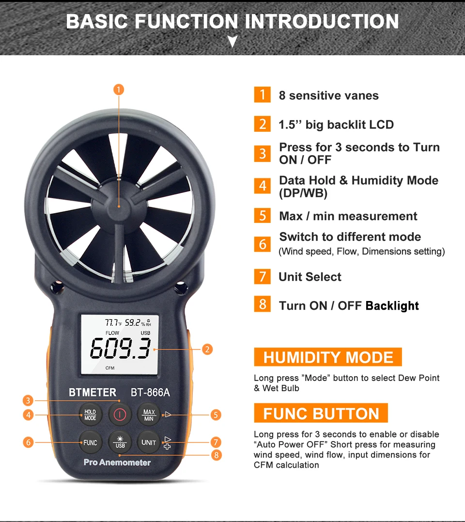 Портативный анемометр BTMETER CFM цифровой измеритель скорости ветра влажности