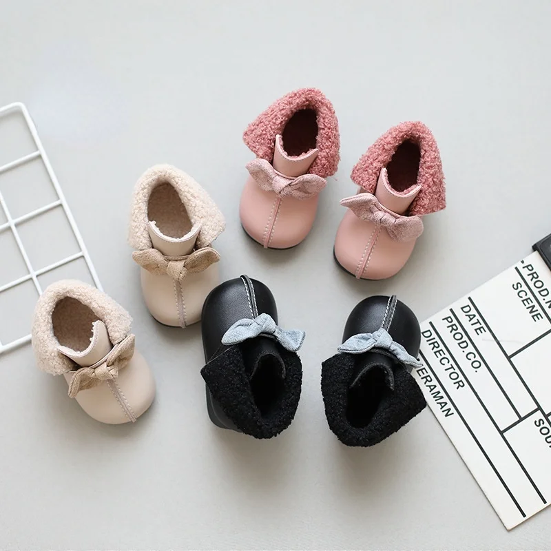 

Toddler Baby Girl Winter Boots Bowknot Solid Color PVC Leather Fleece Cotton Padded Children's Shoes Warm Ankle Sport Footwear