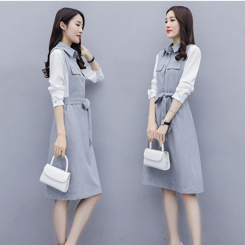 

Shirt Dresses Women's Splice Lace Up Single-breasted 2020 Spring Autumn New Korean Chic Dress Temperament Casual Vestidos Z639