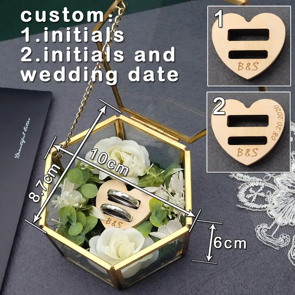 

Wedding Ring Box,Engagement Ring Box,Hexagon Gold Glass Ring Box,Personalized Ring Pillow,Antiqued Flower Glass Ring Box