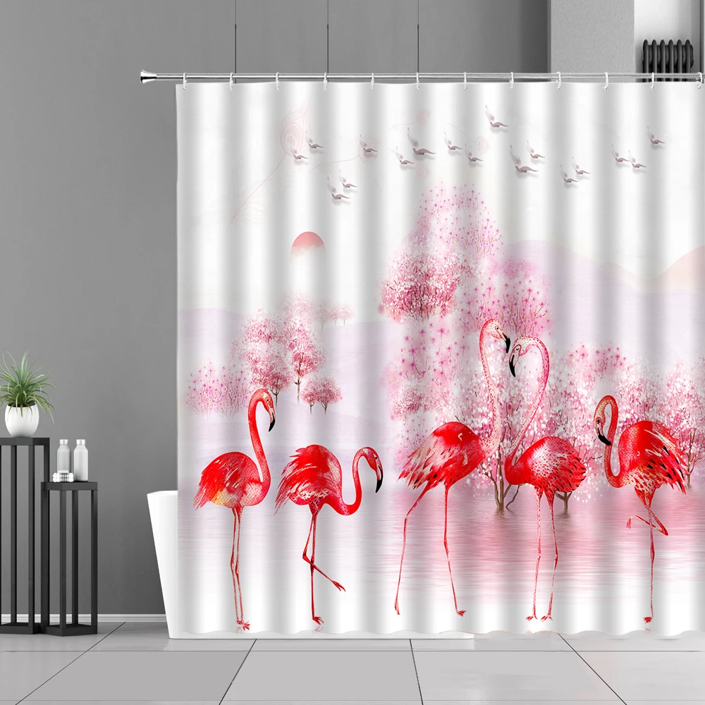 

Шторы для ванной с розовым фламинго и 3D принтом, занавески для ванной комнаты на День святого Валентина, комплект для украшения дома, из водо...