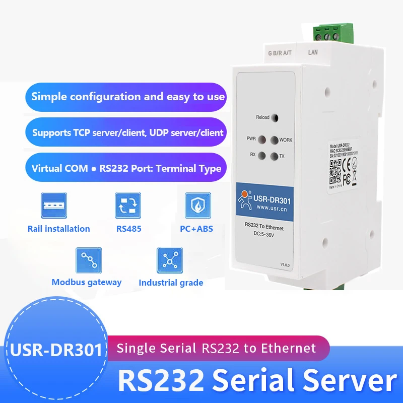 USR-DR301 DIN-рейка Modbus RS232 Последовательный порт в Ethernet Конвертер двунаправленная