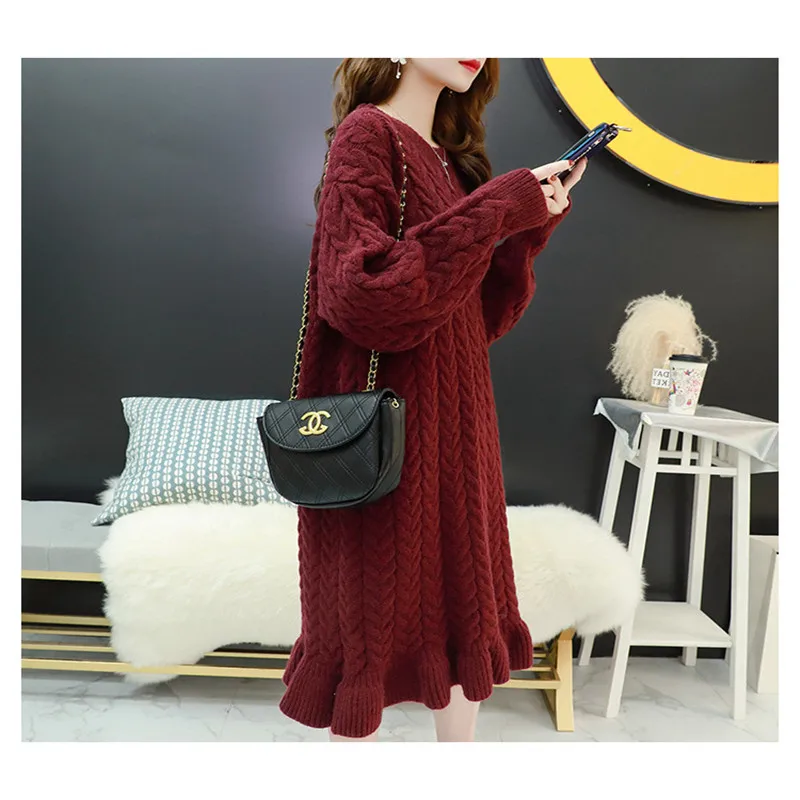 

Fashion Fishtail Dress Sweater Women Autumn 2019 Winter Knitted Dress Pullovers Female Thick Warm Long Pull Femme O-Neck M250