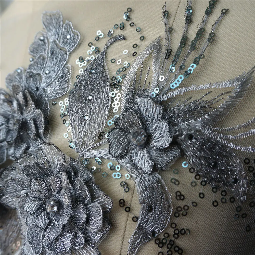 Серый 3D цветок ткань из листового Кружева Блестящие Стразы вышитая одежда