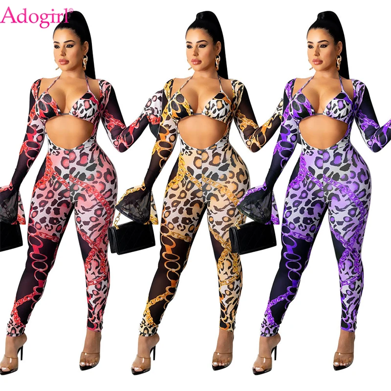 

Женский Облегающий комбинезон с леопардовым принтом, V-образным вырезом и расклешенными рукавами