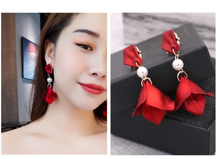 Aretes de mujer, современный стиль, дизайн, большие красные лепестки роз, серьги с кисточками, тренд, темперамент, летние корейские серьги для женщин