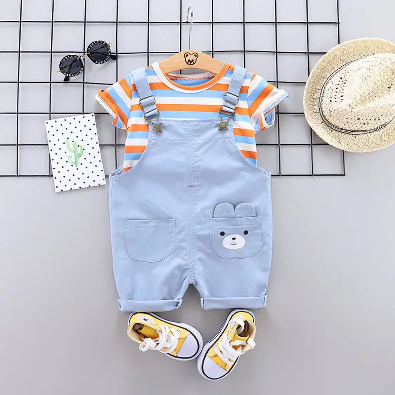 Summer Children Cotton Baby Boy Girl Clothes Cartoon Stripe T Shirts Bib Shorts 2Pcs/sets Infant Kids Fashion Toddler Tracksuits | Детская