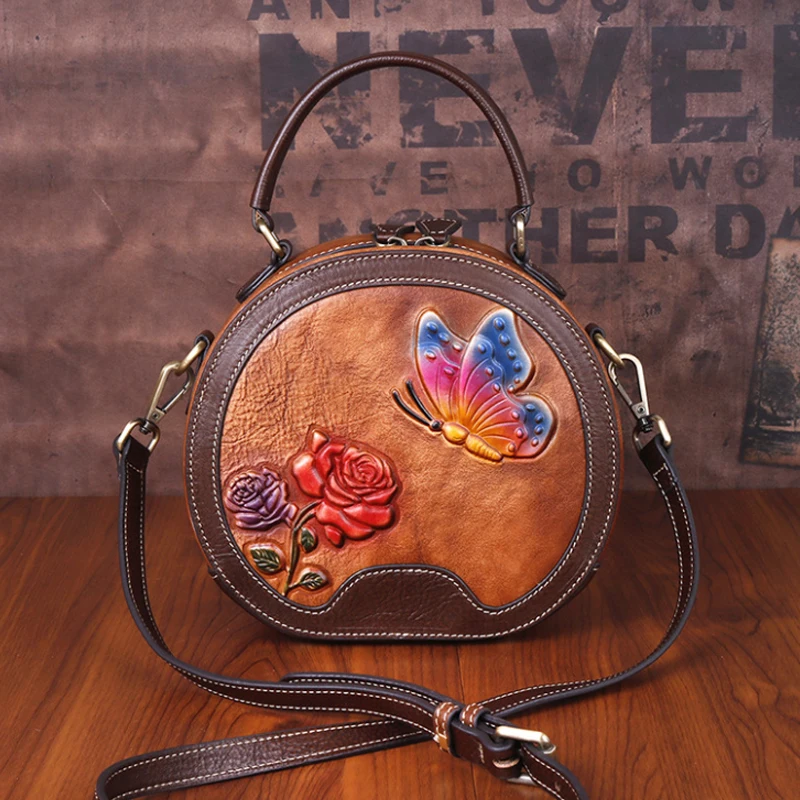 

Genuine Leather Women Small Circular Tote Bag 2022 New Vintage Handmade Embossing Nature Cowhide Handbag Shopper Shoulder Bags