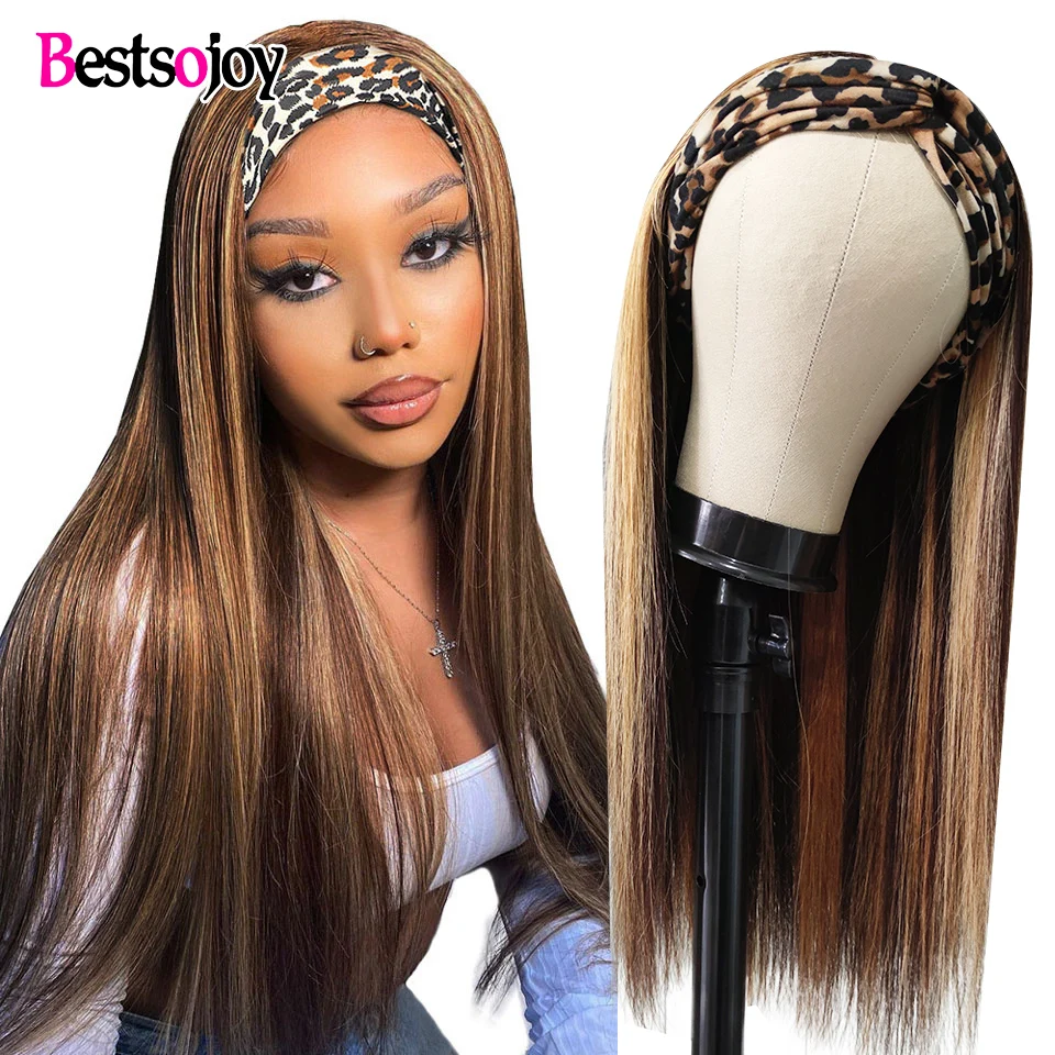 Straight Headband Wig Highlight Human Hair Wigs With Headband Scarf Full Machine Made Wig For Women Brazilian Glueless Remy Hair