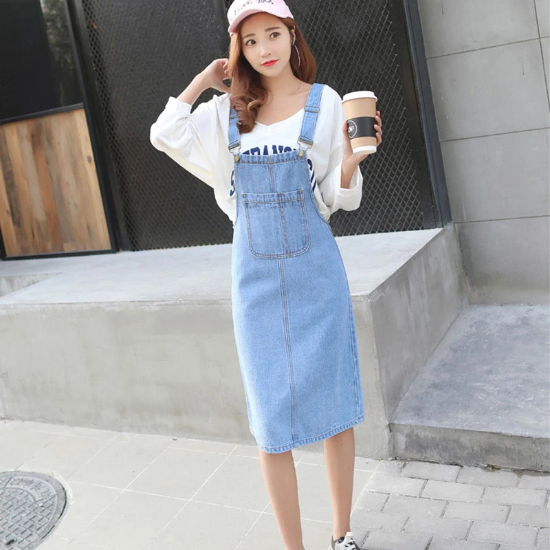 Женское джинсовое платье повседневное на бретелях большие размеры XL весна-лето