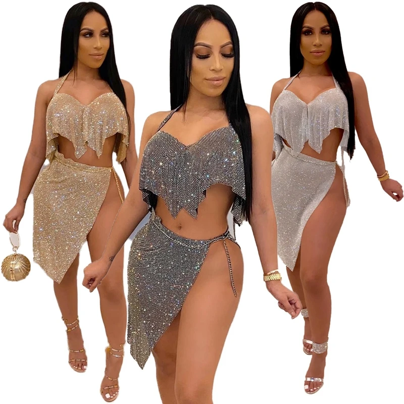 

Summer Matching Sets Party Night Club Outfits Halter Crop Top and Mini Skirt Women Glitter Skirt Two Piece Set Sexy Woman Dress