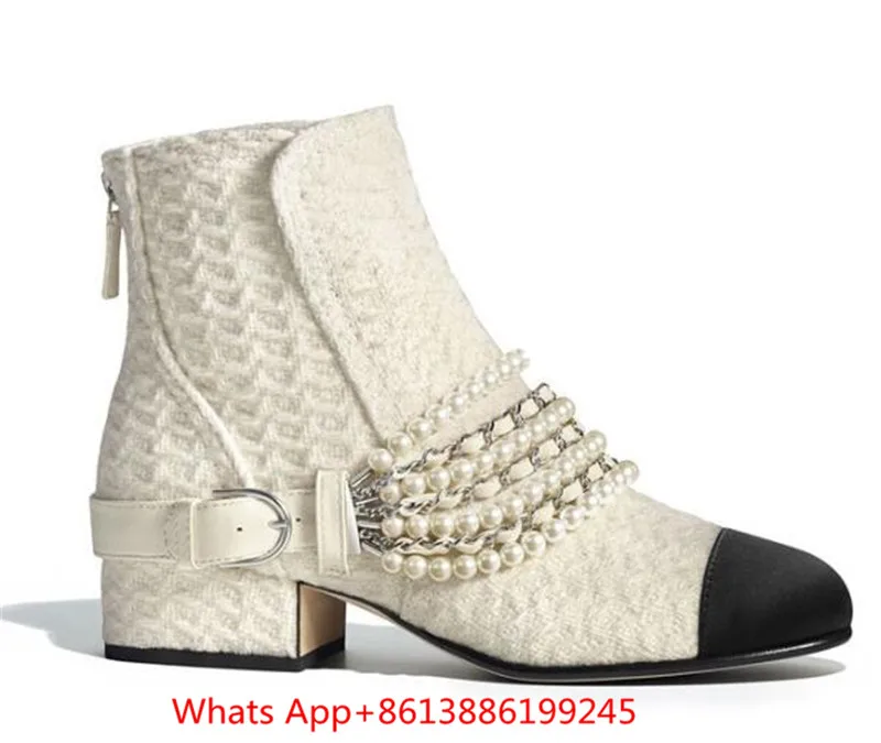 Зимние женские ботинки на среднем каблуке с жемчугом разных цветов Брендовые