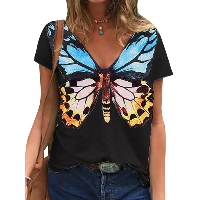 

Boho Women V Neck Butterfly Printed Tops Summer Ladies Short Sleeve Loose Shirts