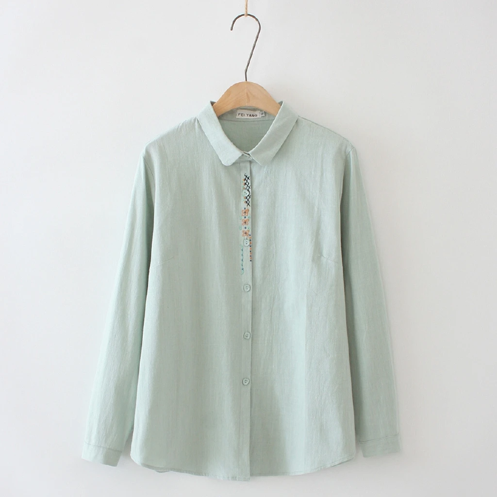 

Plus Size Women's Cotton Blouse Long Sleeved Cute Embroidery Blusas Casual Tops