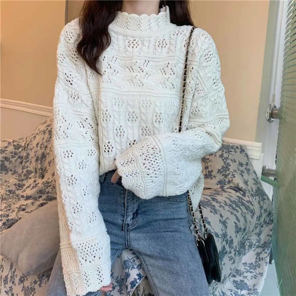 

Vintage Sweaters Women Half Turtleneck Loose Hollow Out Pullovers Woman Clothes 2021 Knitted Sueter Mujer Jumper