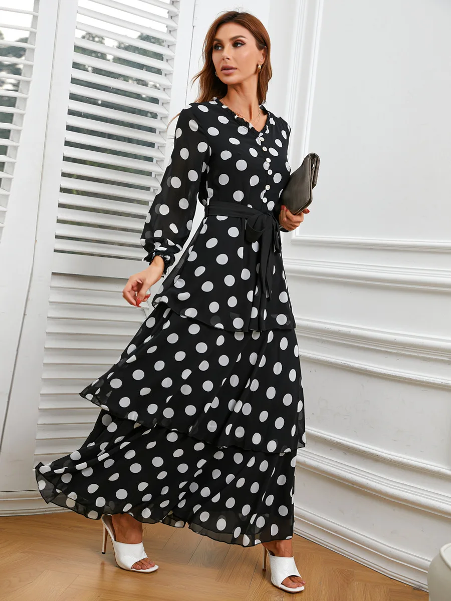 

Женское платье в горошек, с V-образным вырезом и рукавами-лепестками