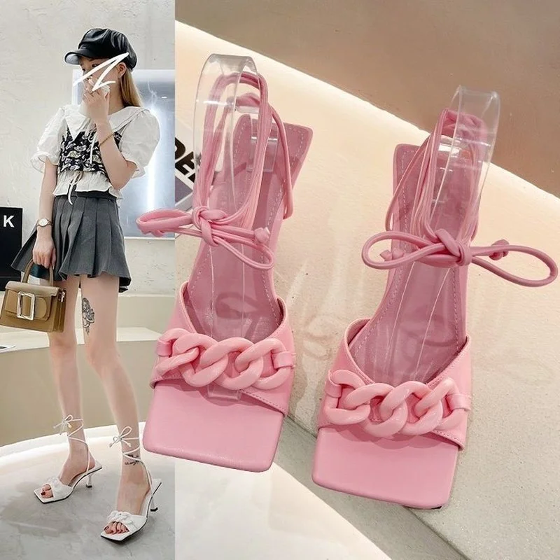 

Black Square Toe Sandals Women Unique Thin High Heels Back Zip Open Toes Metal Chains Decor Runway Sandalias Big Plus Szie 39