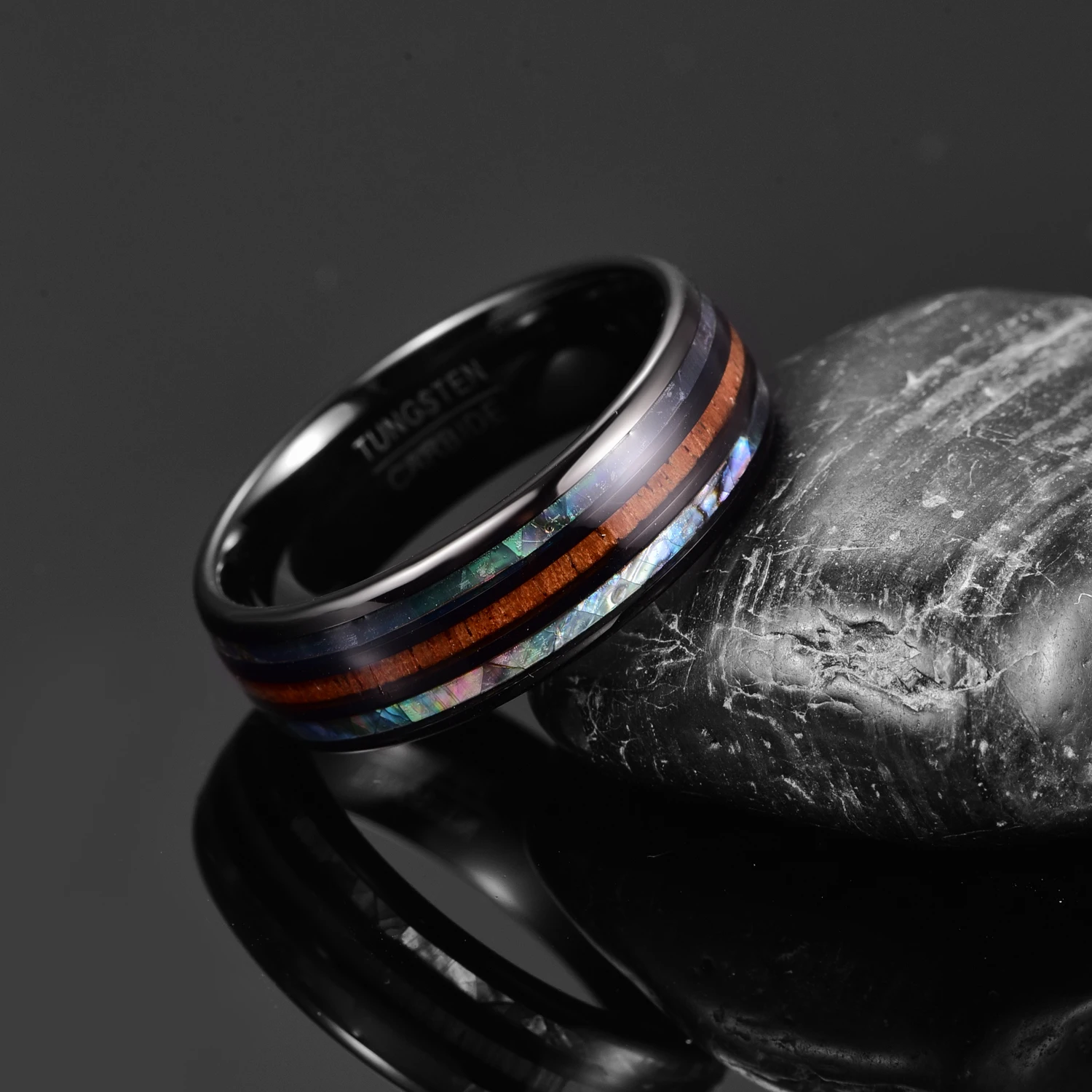 

8mm Electric Black Inlaid Abalone Shell Wood Grain Dome Tungsten Carbide Men Ring Bohemia Engagement Ring For Mariage Jewelry