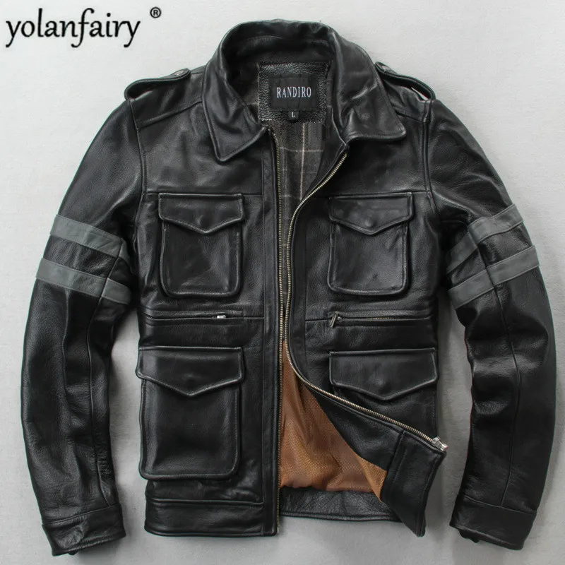 Мужская кожаная куртка винтажная из натуральной кожи Уличная мотоциклетная