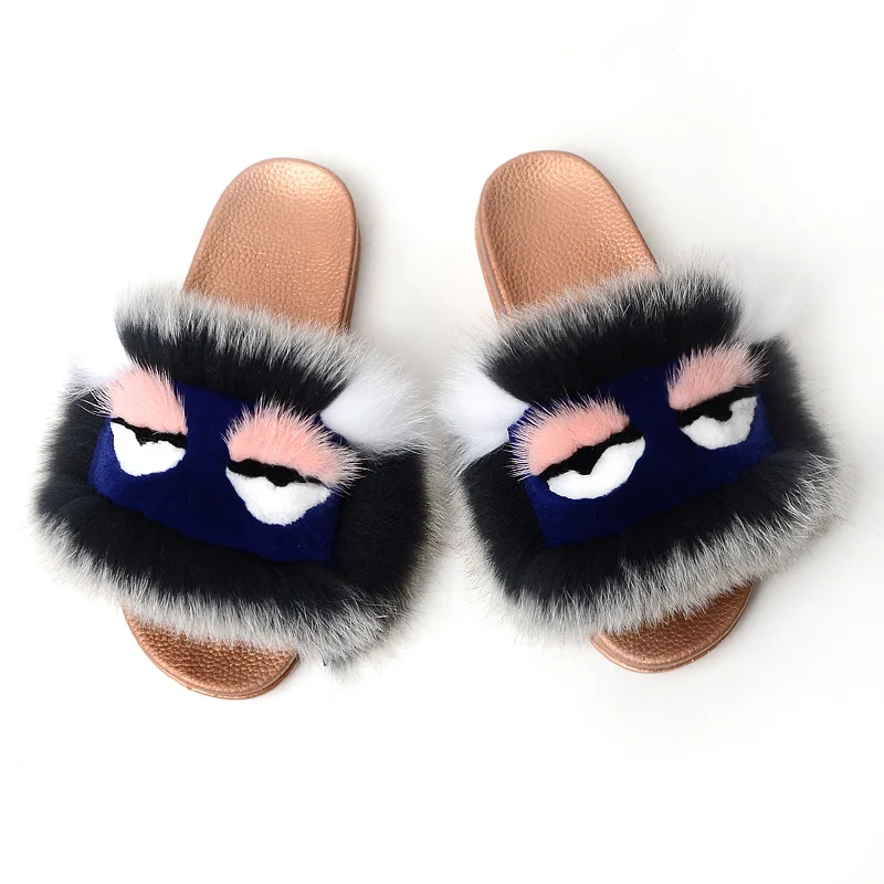 

Fox Hair Little Monster Female Cool Slippers Home Fashion Non-slip Fur Leisure Beach Shoes Flip-flops
