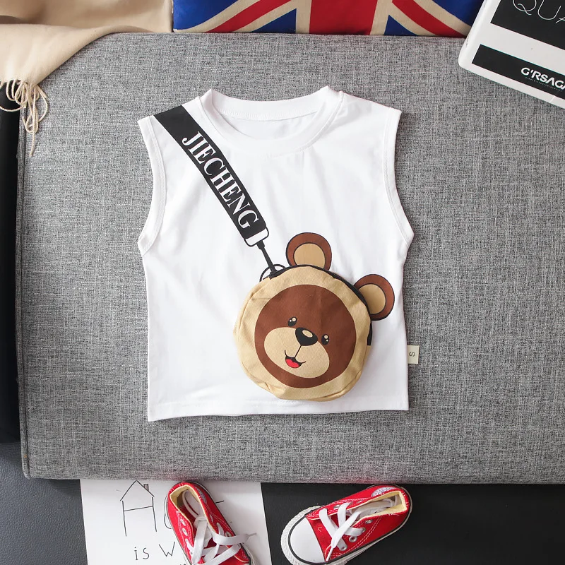 

2021 Summer Baby Boys Sleeveless Clothes Sets Kids Cartoon Bear Satchel Vest+ripped Jeans Toddler Girls Casual Clothing Outfits