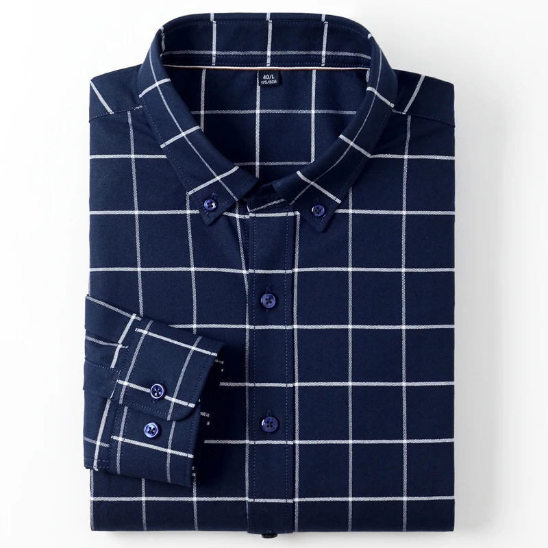 

Holiday Casual Plaid Checkered Oxford Cotton Shirt Pocket-less Design Men's Long Sleeve Standard-fit Button-down Gingham Shirts