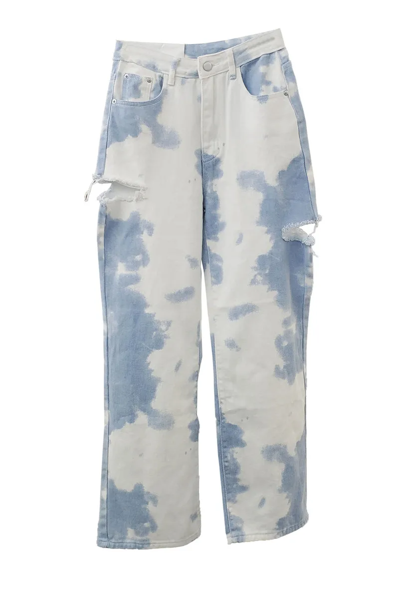 

Ripped Tie Dyed Straight Jeans Women's High Waist Loose Denim Casual Trousers Female Retro Beggar Wide Leg Pants