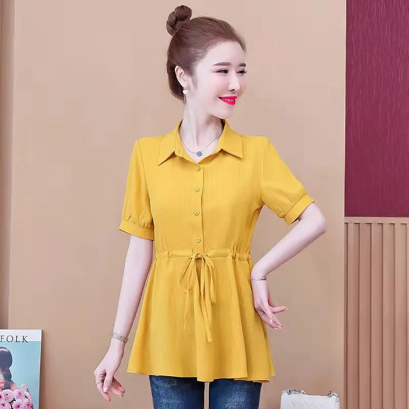 Женская обувь; Сезон весна-лето; Стиль женские блузки рубашки на каждый день, футболка с короткими рукавами и юбка, украшенная пуговицами, с отложным воротником, топы с DM006