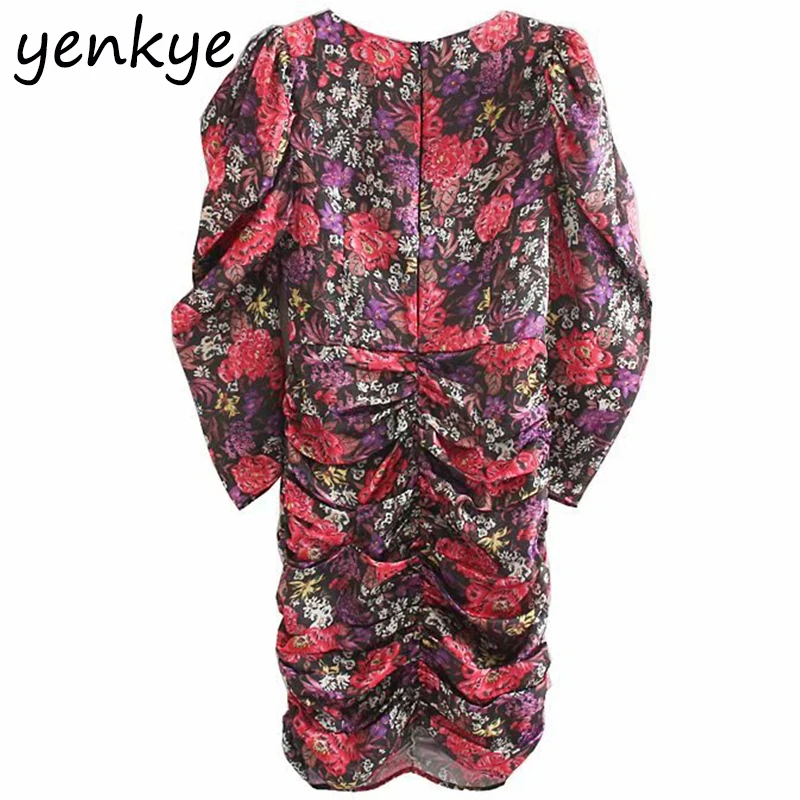 Женское винтажное мини-платье с цветочным принтом V-образным вырезом | Женская