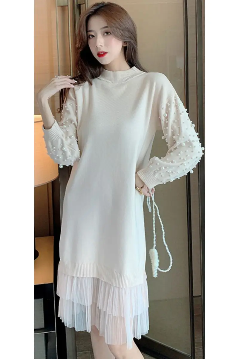 COIGARSAM Casual Full Sleeve Women one-piece dress korean New Knitting Mesh Dresses Pink Black Light Green Deep Purple Apricot T | Женская