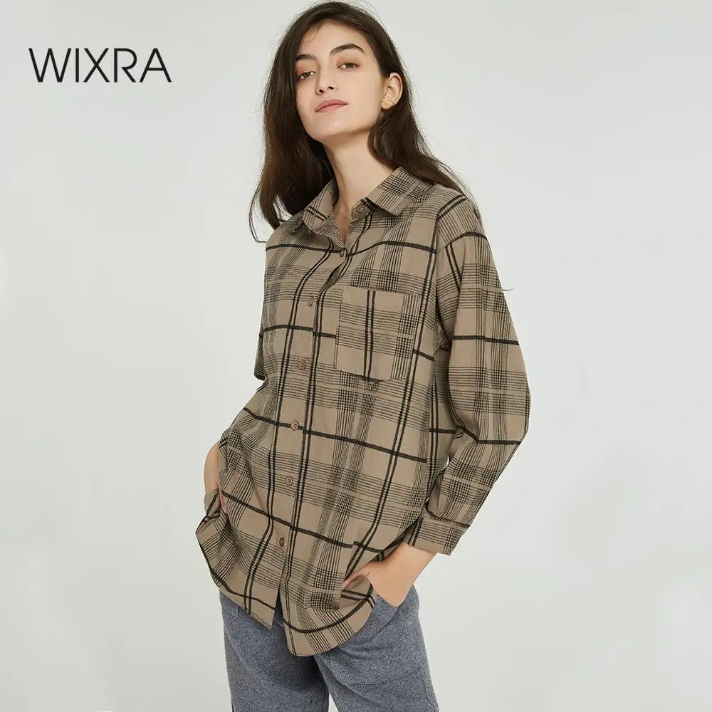Wixra Women Stylish Plaid Blouse Ladies Casual Long Sleeve Turn-down Collar Loose Pockets Shirts 2019 Autumn Spring Tops | Женская