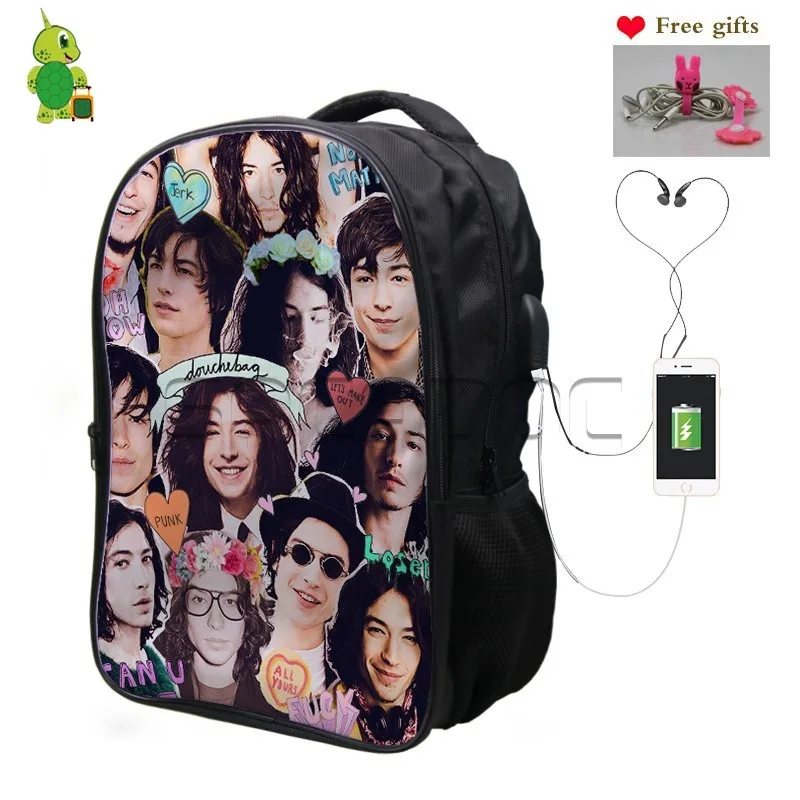 Ezra Miller Наложение рюкзак Многофункциональный USB зарядка Разъем для наушников