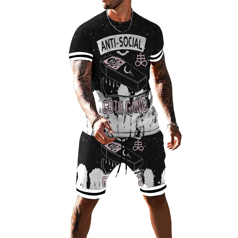 

2021 New Fashion Men's Two-Piece Creative Personality Printed Short-Sleeved T-Shirt+Shorts Clothes Casual Men Set Streetwear