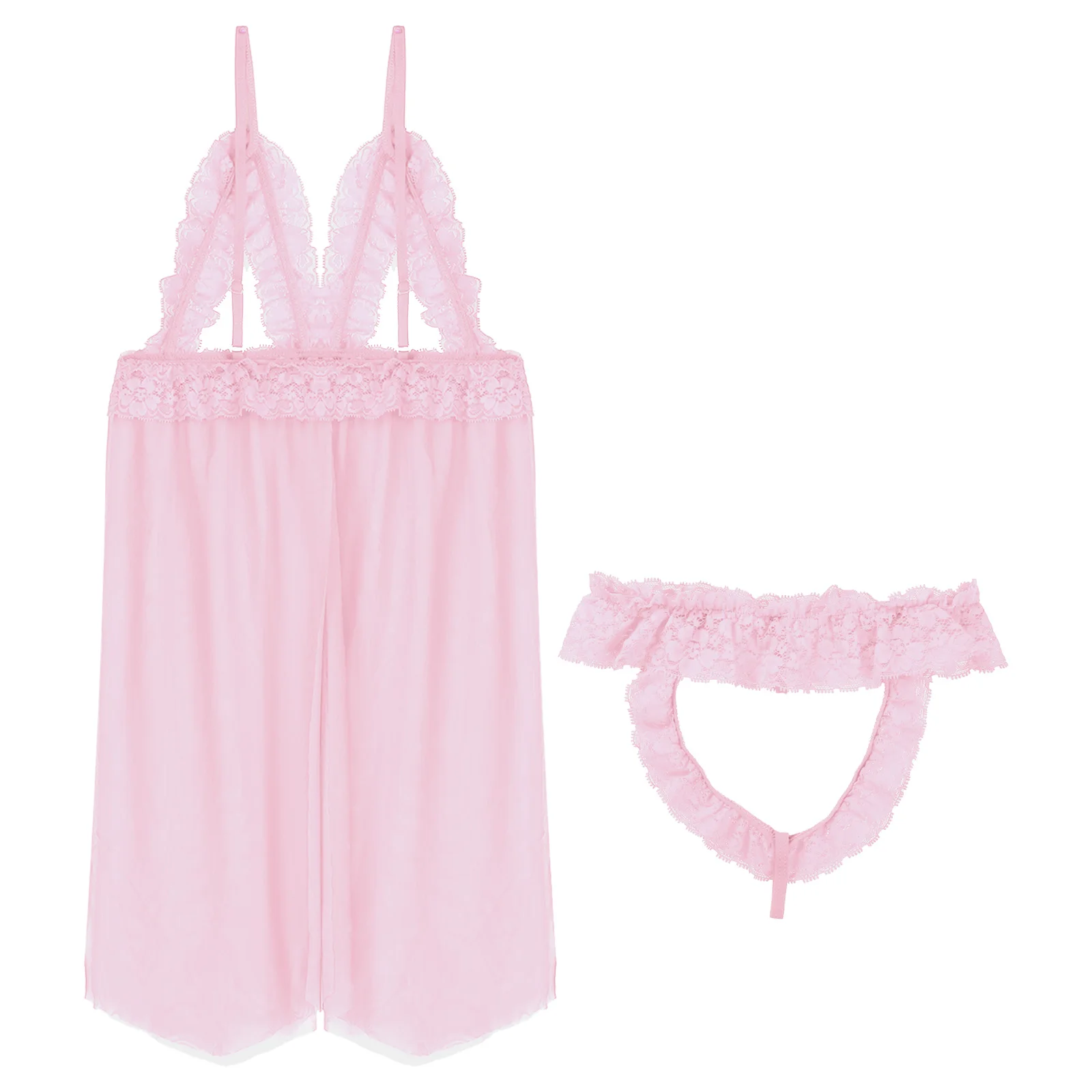 Мужская кружевная ночная сорочка из двух предметов с разрезом спереди и