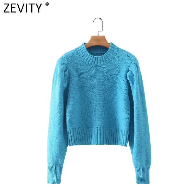 

Zevity Новый женский модный жаккардовый полосатый короткий вязаный свитер с круглым вырезом женские шикарные однотонные пуловеры с пышными р...