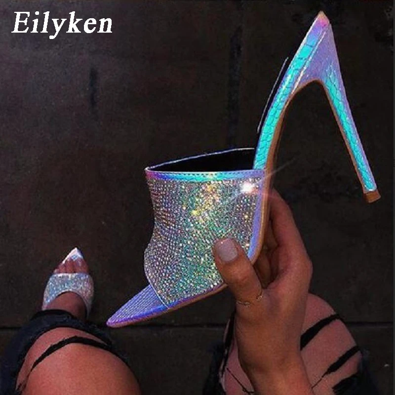 EilyKen/новые туфли без пяток на высоких каблуках с открытым носком; сандалии; модный серебряный с кристаллами Стразы; шлепанцы; обувь для вечеринок