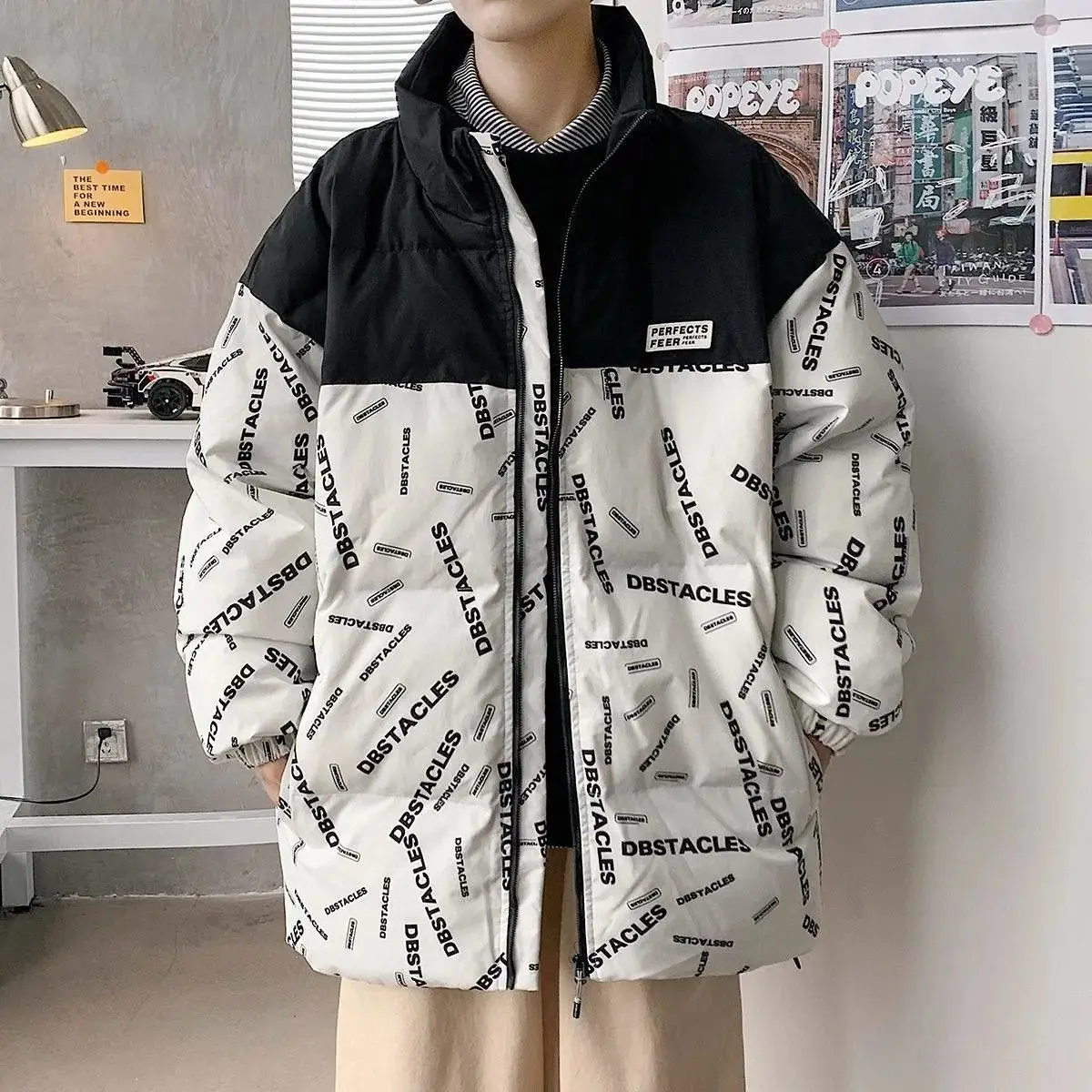 Trendy Fashion Loose Simple Solid Color Stitching Printing Down Jacket for Autumn and Winter New Letter Padded Jacket Warm Top