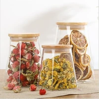 new glass storage jar square transparent tea canister cereal snack canister candy canister wooden glass