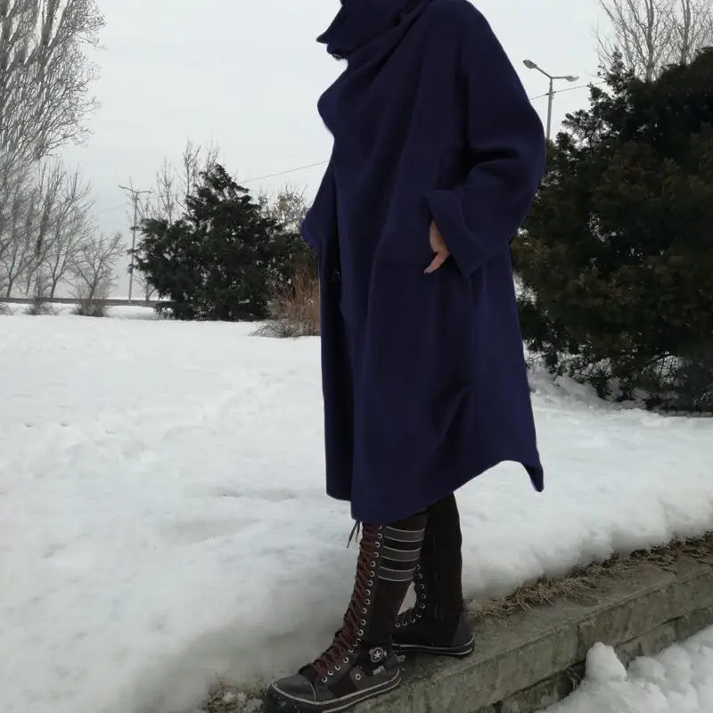 Женское ассиметричное длинное пальто Celmia, негабаритные куртки, женская верхняя одежда, зимнее теплое пончо, однотонное, Осеннее, для девушек, винтажные джемперы