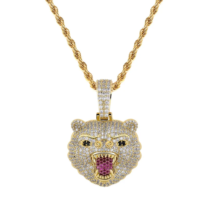 New Fashion Hip Hop Jewelry Beast Bear Animal All Iced Out Pendant Necklace 5mm Tennis Chain Gold Silver Men Rock Jewelry Gift - Окраска металла: Gold-Twist chain