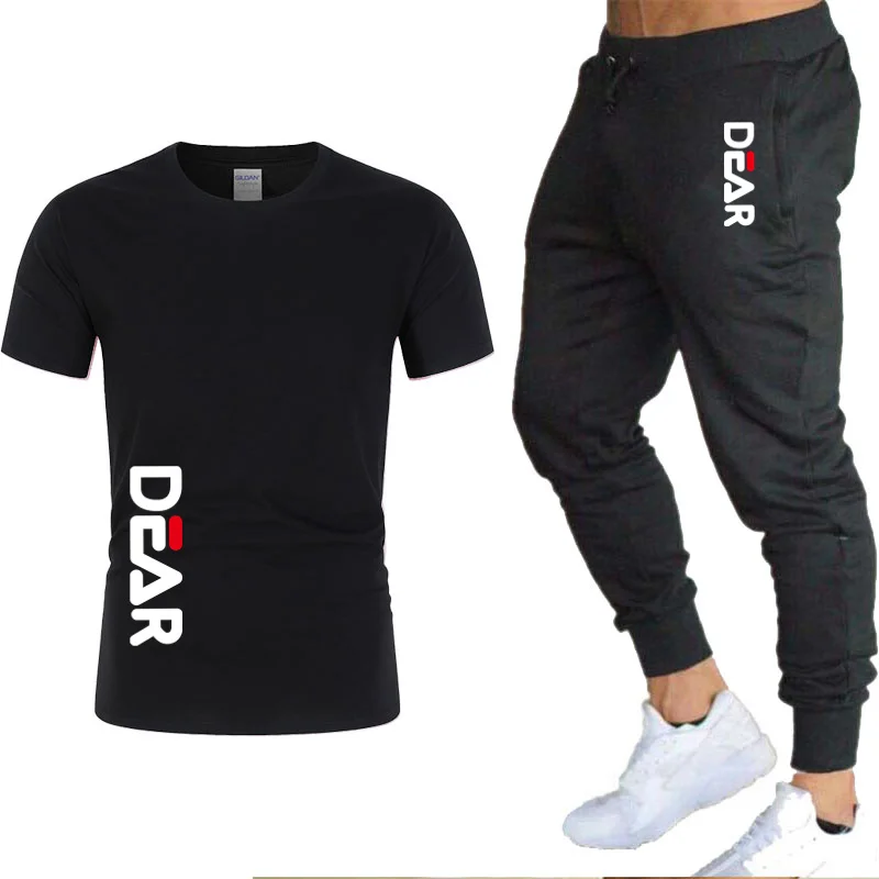 

Fashion Men's Printed Solid Color Round Neck T-Shirt And Casual Trousers Two-Piece Men's Spring Short-Sleeved Suit Set