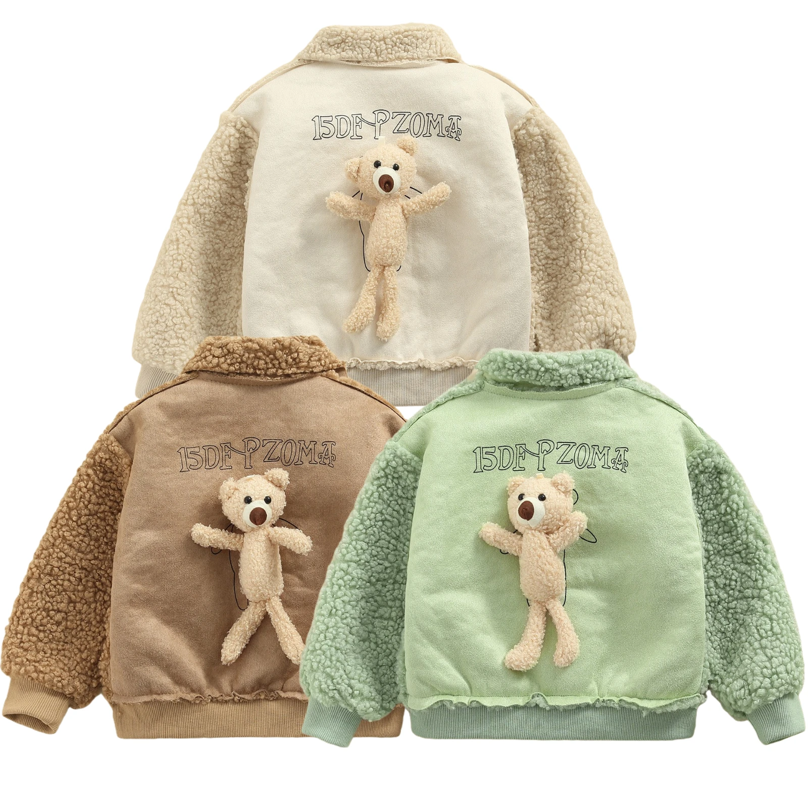 

6M-5T Kids Winter Wool Coat Jacket Boy Girl Long Sleeve Button Cardigan Cartoon 3D Little Bear Lamb Coat with Pocket Clothes