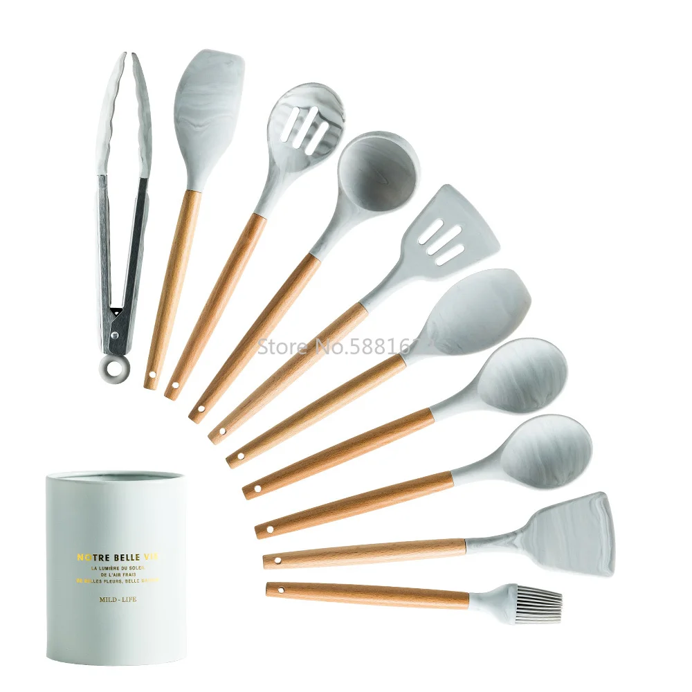 

10/11PCS Premium Silicone Utensils Set Non-stick Spatula Shovel Wooden Handle Cookware Set With Storage Box Kitchen Tools