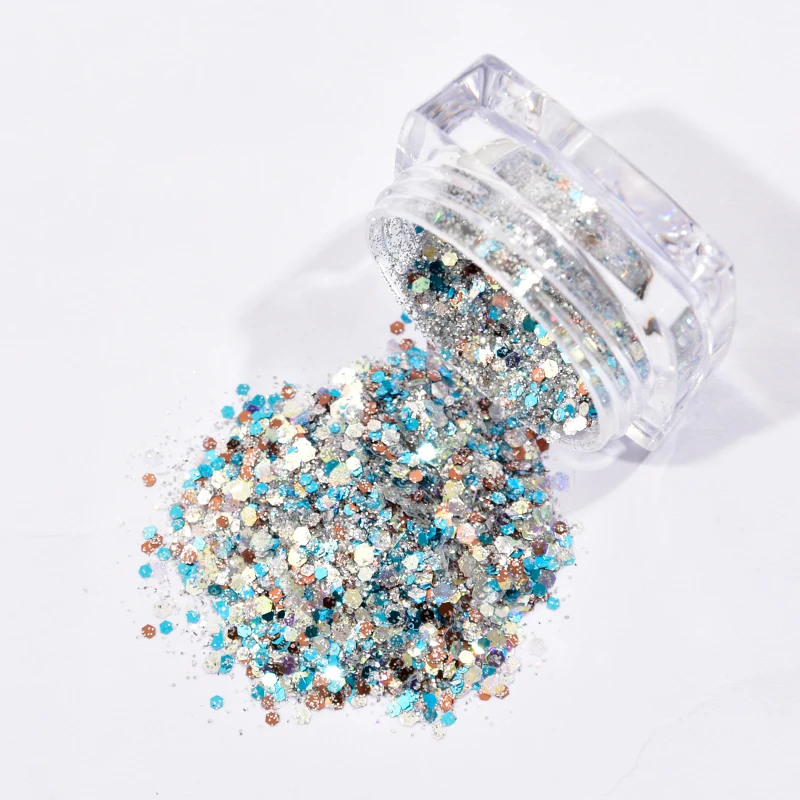 Набор из 6 штук грубого голографического флейк-порошка для нейл-арта с разнообразными гексагональными радужными лазерными дизайнами для декорирования ногтей "Металлические хлопья".