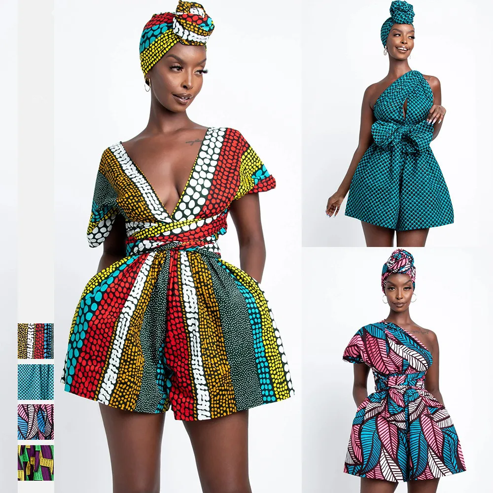 

African Dresses for Women 2021 New Fashion Summer V-neck African Short Sleeve Printing Dress African Women Clothes