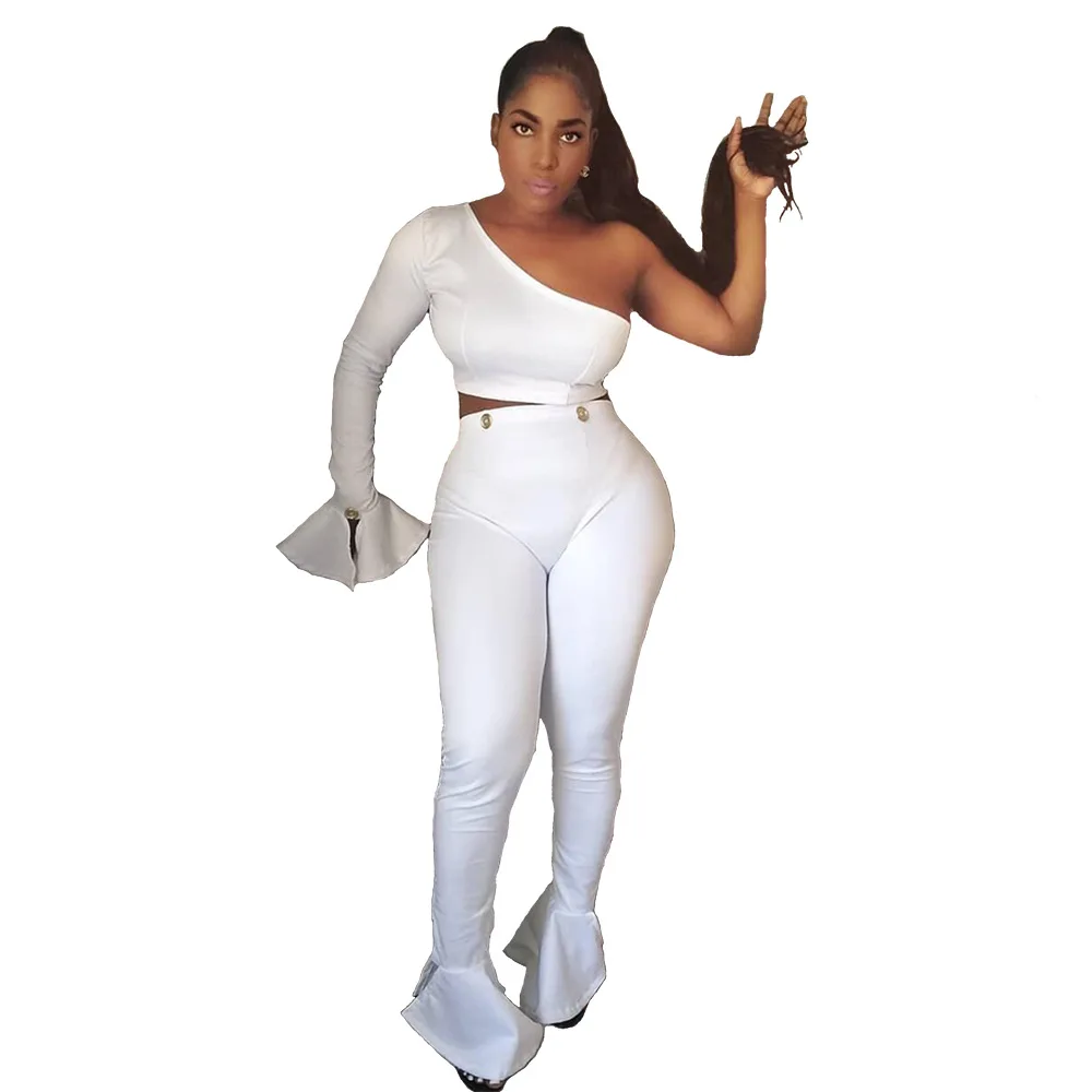 Осенний женский костюм Adogirl на одно плечо топ с расклешенными длинными рукавами +